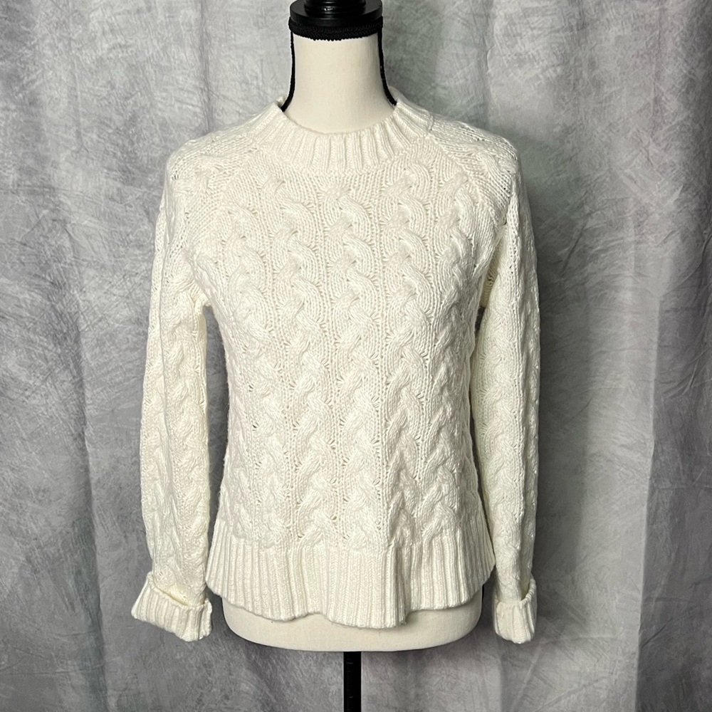 Lucky Brand White Cable Knit Rolled Cuff Crewneck Sweater - size Small